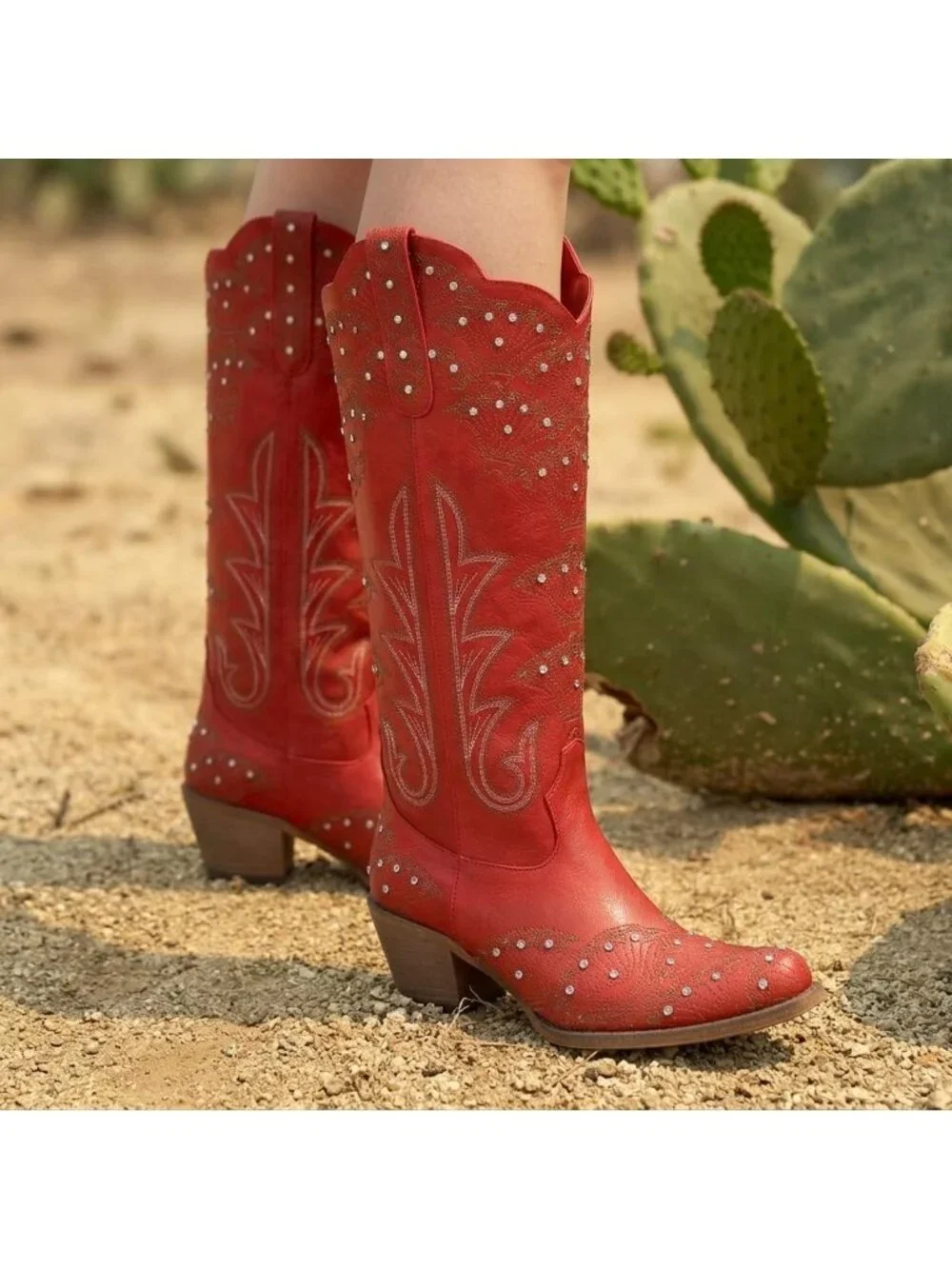 Women's Red Durable 3D Rhinestone Knee High Sparkly Embroidery Western Boots